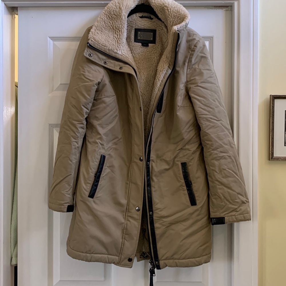 Beige Mackage Coat with leather detailing and warm faux fur inside
